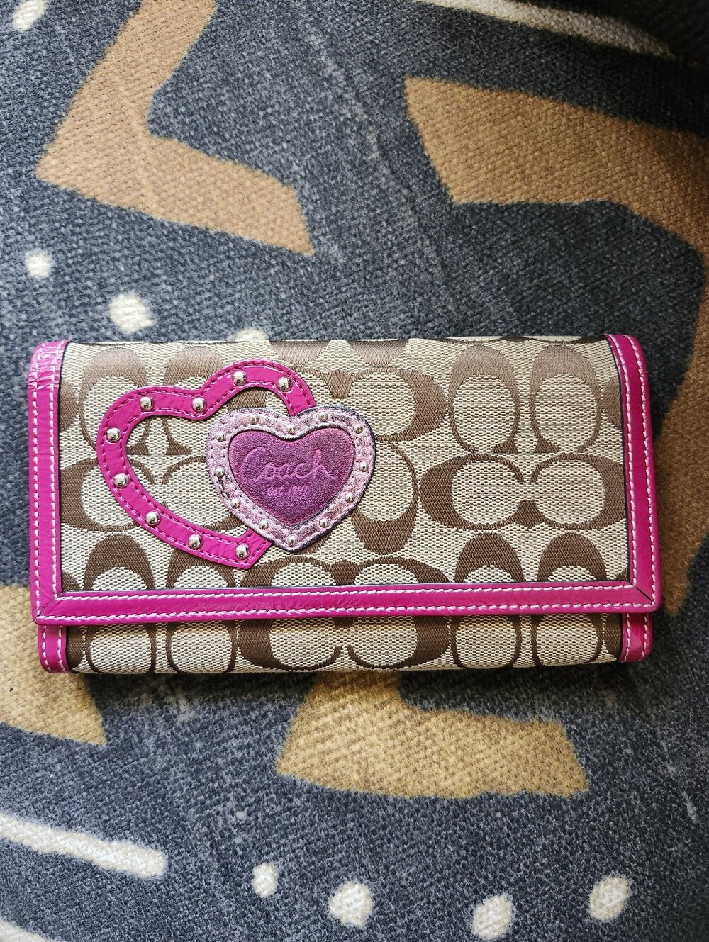 Like New Y2k Coach Studded Double Heart Wallet | Hot Pink Jewel Tone Coquette